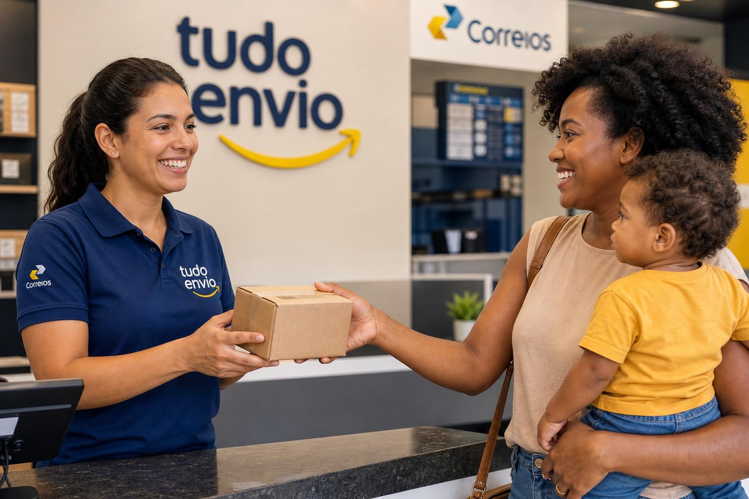 Atendente Tudo Envio recebendo encomenda de uma cliente com criança no colo