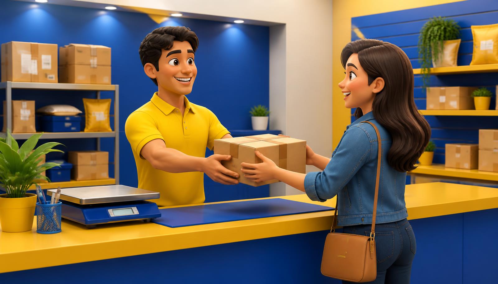 Atendente entregando encomenda a uma cliente no balcão de postagem parceiro Tudo Envio