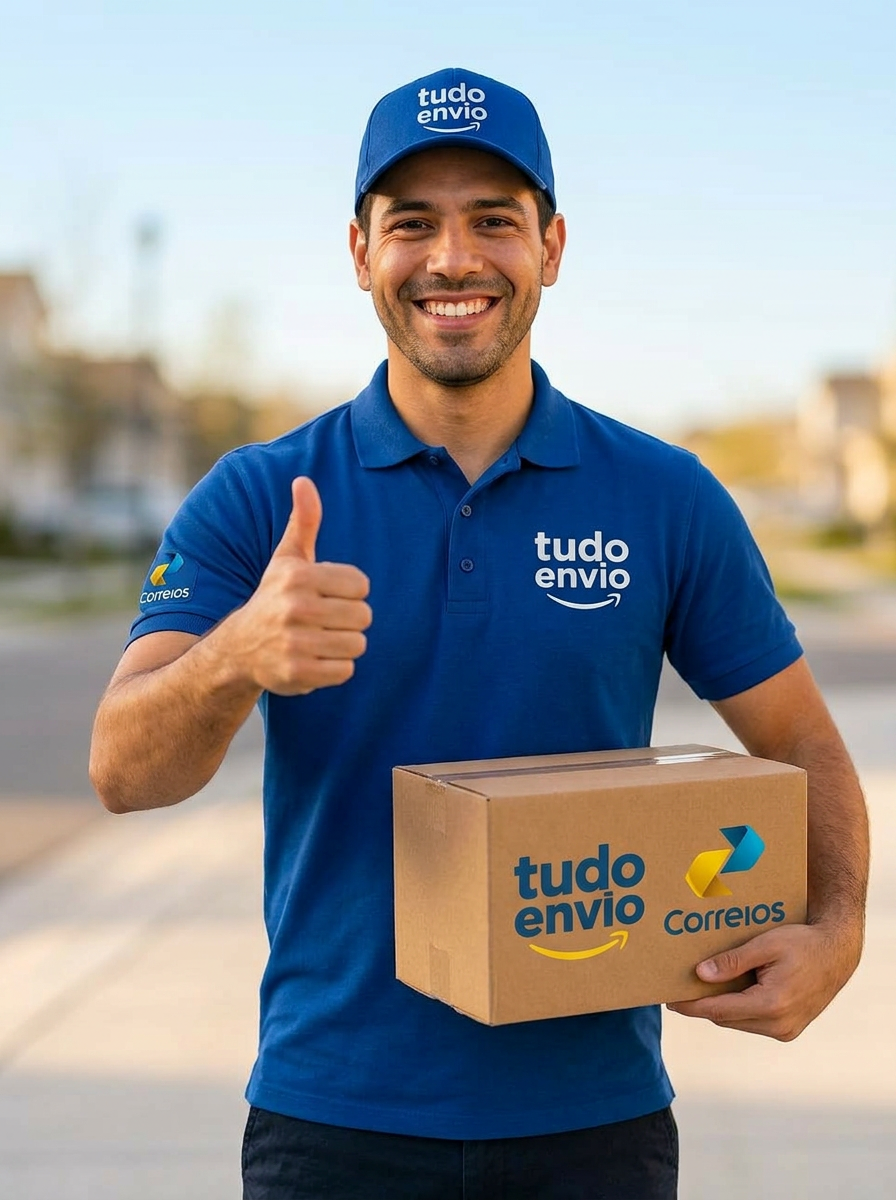 Entregador Tudo Envio sorrindo com caixa e sinal de positivo