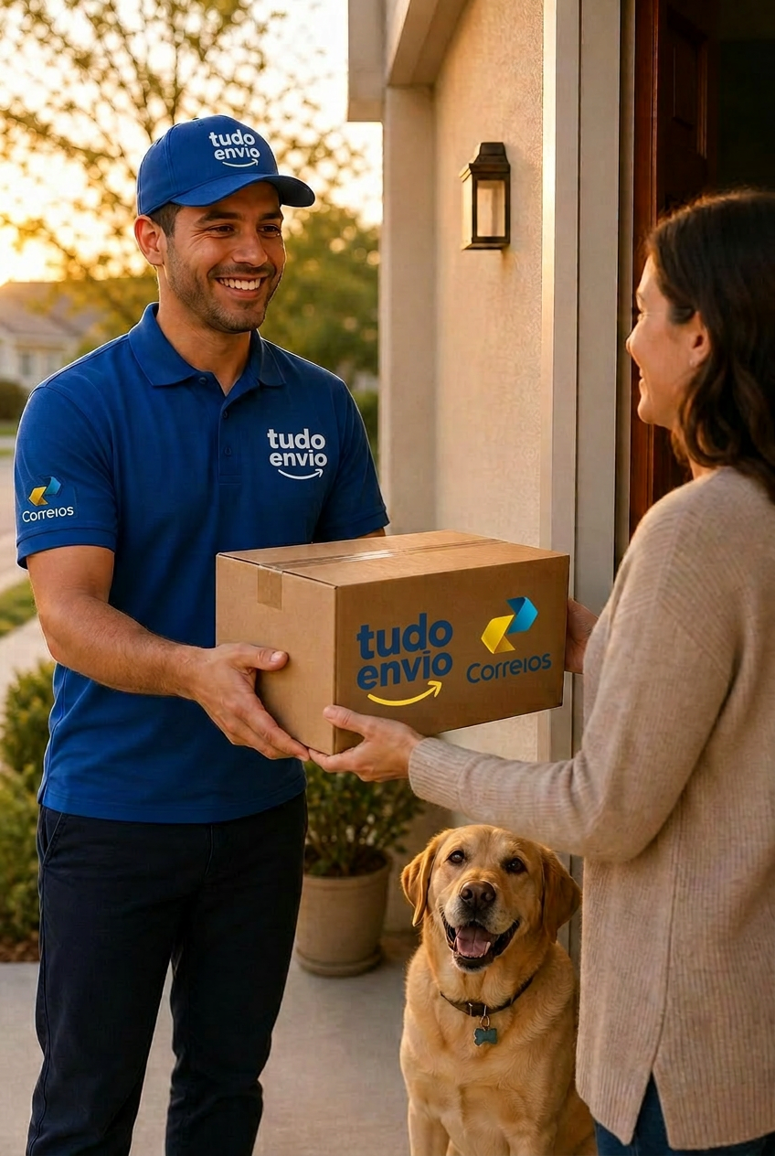 Entregador entregando uma encomenda para uma mulher acompanhada de um cachorro labrador